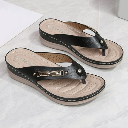 

PhoneSoap Shoes Women s Comfortable Sandals Round Casual Flip Flops Toe Wedge Fashion Women s Sandals Black