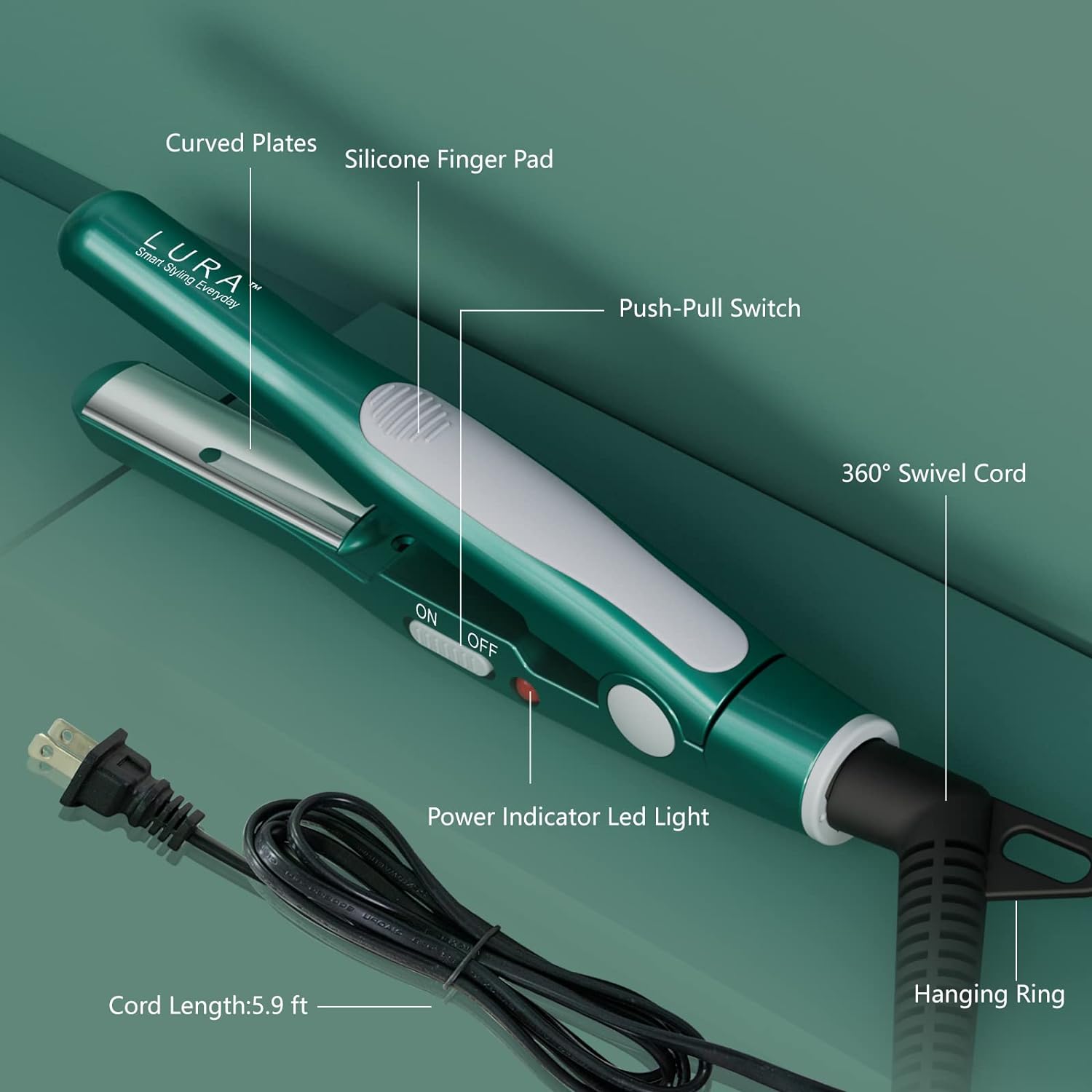 Lura Mini Flat Iron for Short Hair, 1/2 Inch, Green photo 7