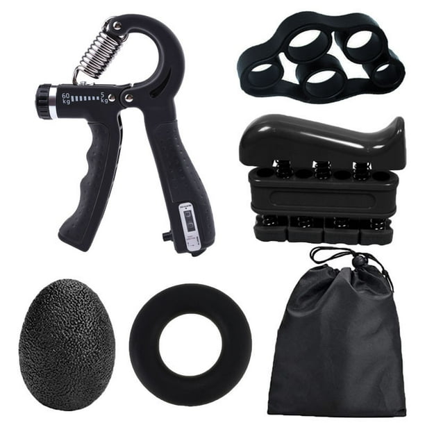 Kit de fortalecimiento de agarre de mano (paquete de 5), entrenador de fuerza de agarre, entrenador de entrenamiento de antebrazo, ejercitador de agarre de mano ajustable, ejercitador de fuerza de dedos, estirador de dedos, anillo de agarre y bola de estrés con bolsa de transporte Rojo Verde