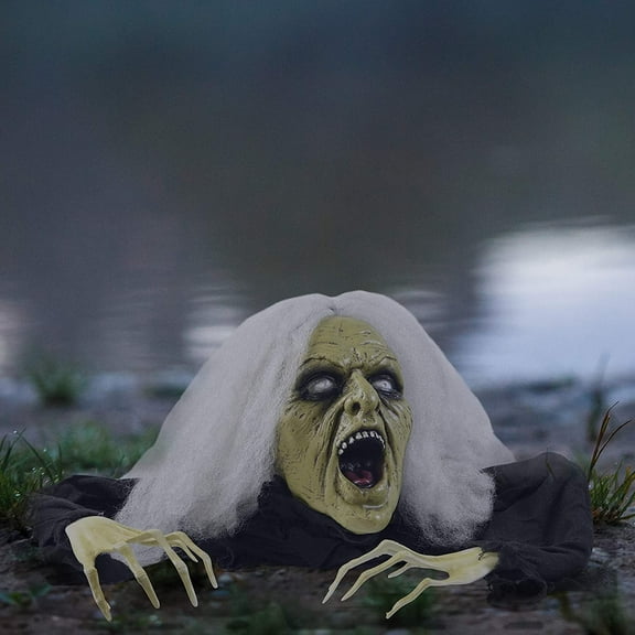 Prextex Halloween Gray Haired Zombie Skull with Posable Skeletal Hands Halloween Decoration Prop | Halloween Groundbreaking Zombie, Halloween Lawn Decorations