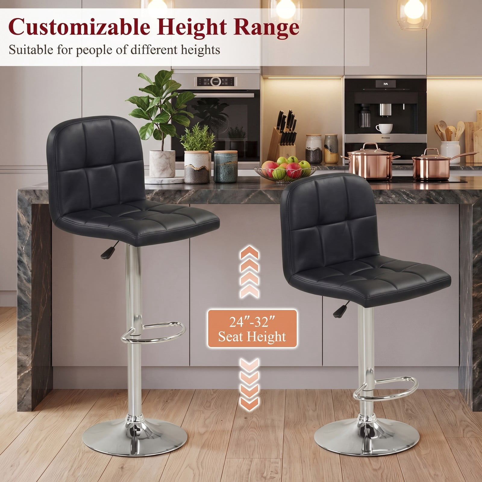 Furnibear Swivel Bar Stools Set of 2, 24-32 Inch Adjustable Height Counter Barstools with Footrest and Backrest, 360 Degree Swivel Faux Leather Cushioned, Black
