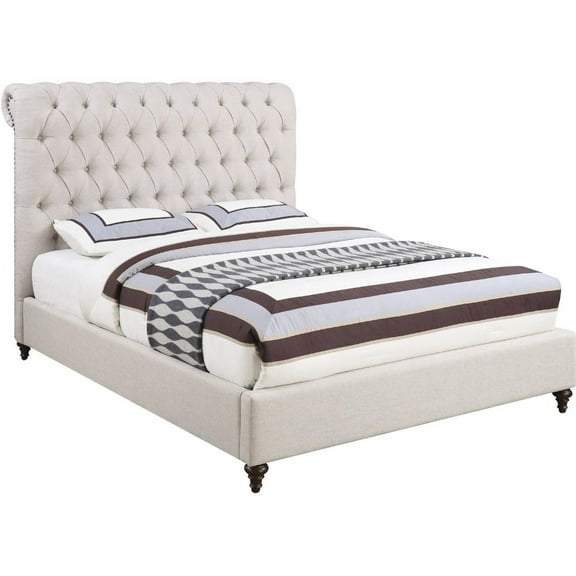 Rolled Headboard California King Bed in Beige Fabric