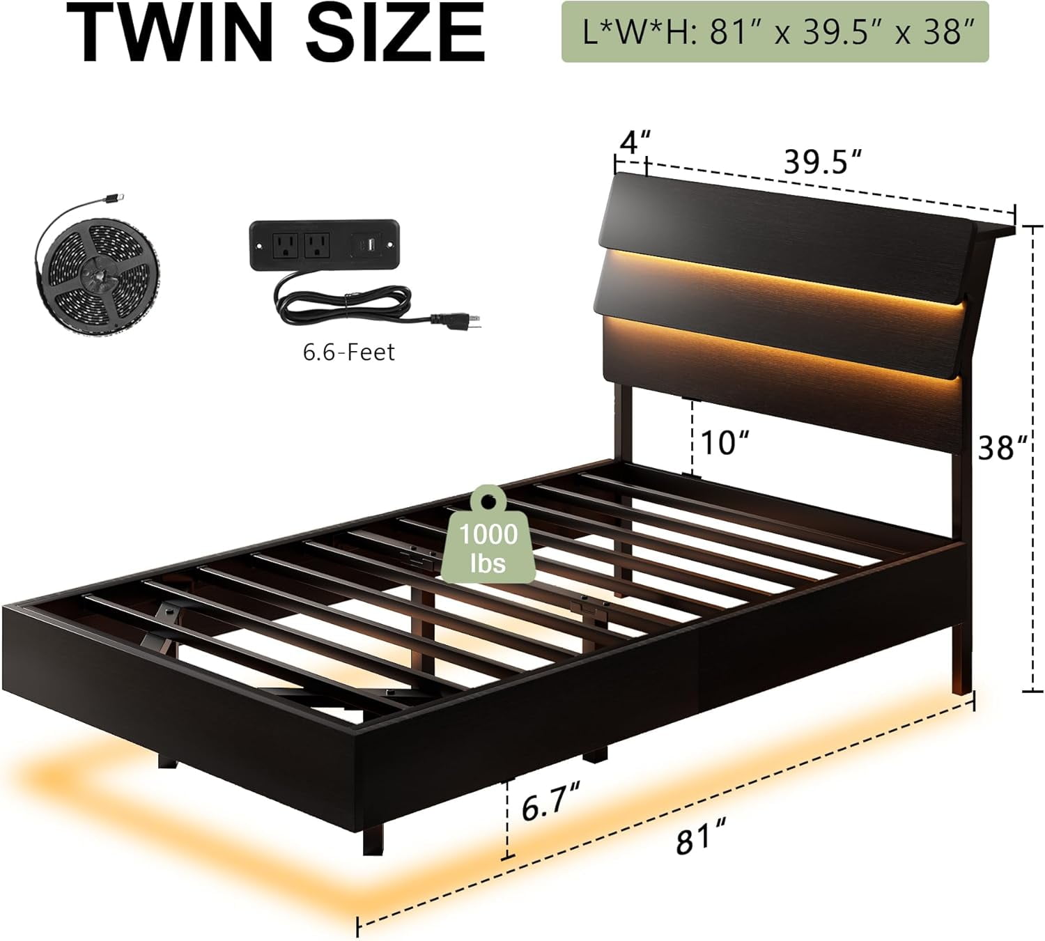 Honfach Floating twin Size Bed Frame with LED Lights & Charging Station, Platform Bed with Wooden Storage Headboard, Black.