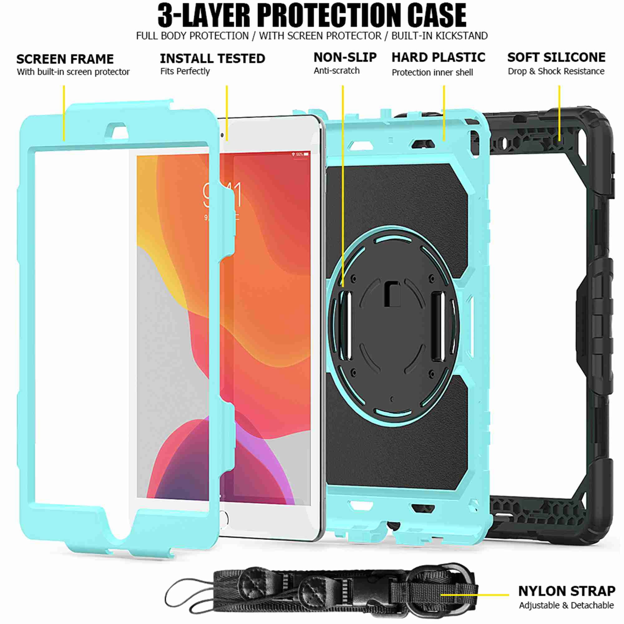 Dteck iPad 9th/ 8th/ 7th Generation Case (iPad 10.2 Case 2021/ 2020/2019) with Screen Protector Pencil Holder Kickstand Hand/ Shoulder Strap,Durable Protective Case for iPad 10.2 inch,black+lightblue