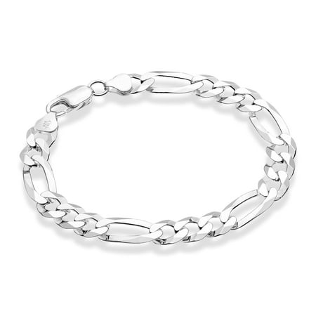 Miabella 925 Sterling Silver Italian Solid 9mm Diamond-Cut Figaro Link Chain Bracelet for Men, Made in Italy (Length 8 Inches (men's average length))