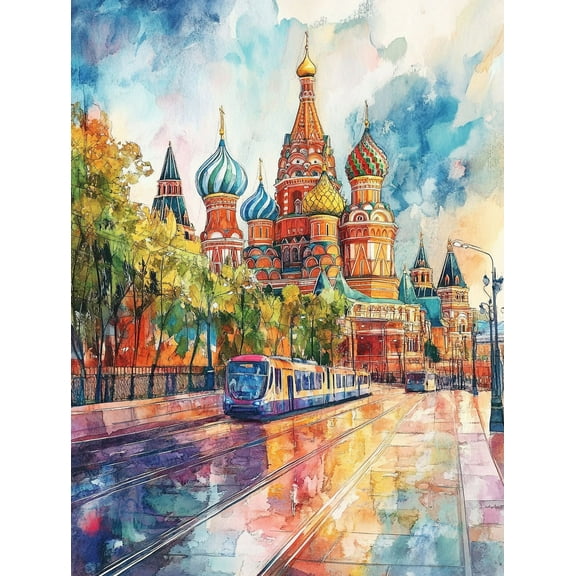 St Basil's Cathedral Tram Watercolor Painting/Canvas Art, Suitable for Living Room, Bedroom, Office, Waiting Room, and Hotel Decoration