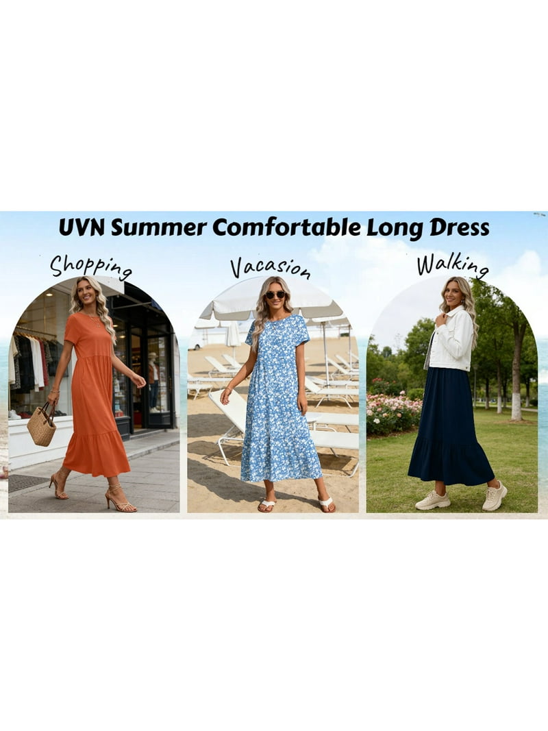walmart is offering the uvn fall long dress for $18 Uvn Fall Long Dress for Women Crewneck Casual Long Sleeve Pleated Dresses with Pockets, Women's, Size: Small, Blue