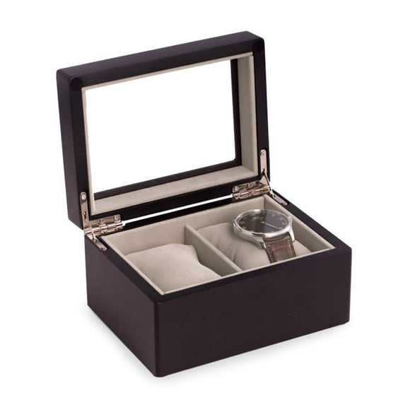 Matte Black Wood 2 Watch Box with Glass Top Velour Lining &amp; Pillows