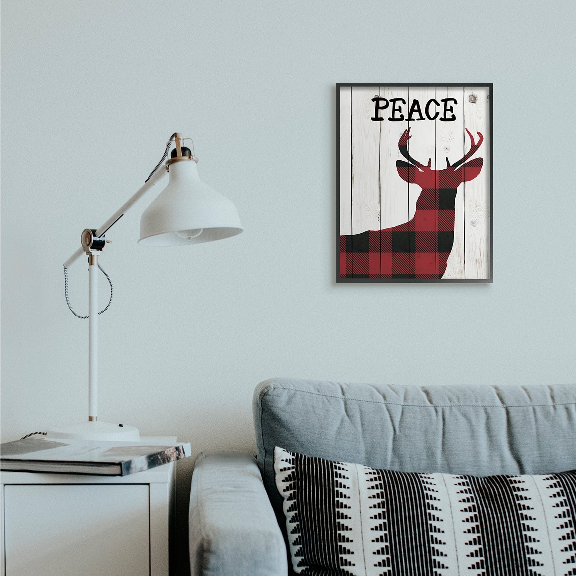 Stupell Industries Checker Plaid Reindeer Rustic Peace Text Holiday Painting Black Framed Art Print Wall Art, 16 x 20