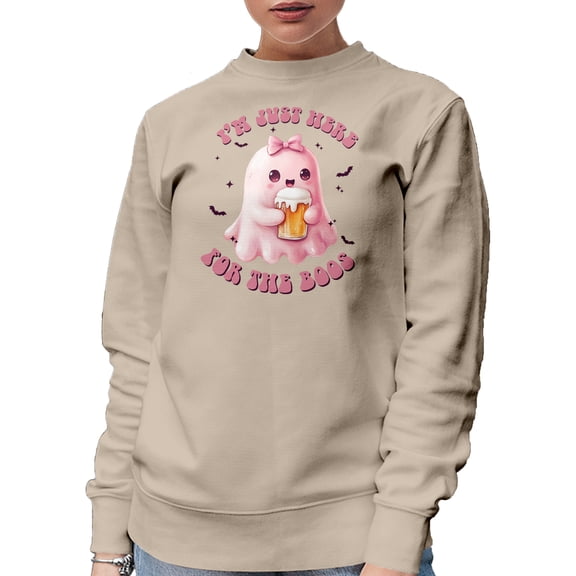 I'm Just Here for the Boos, Cute Pink Ghost, Sand Crewneck Sweatshirt, Small