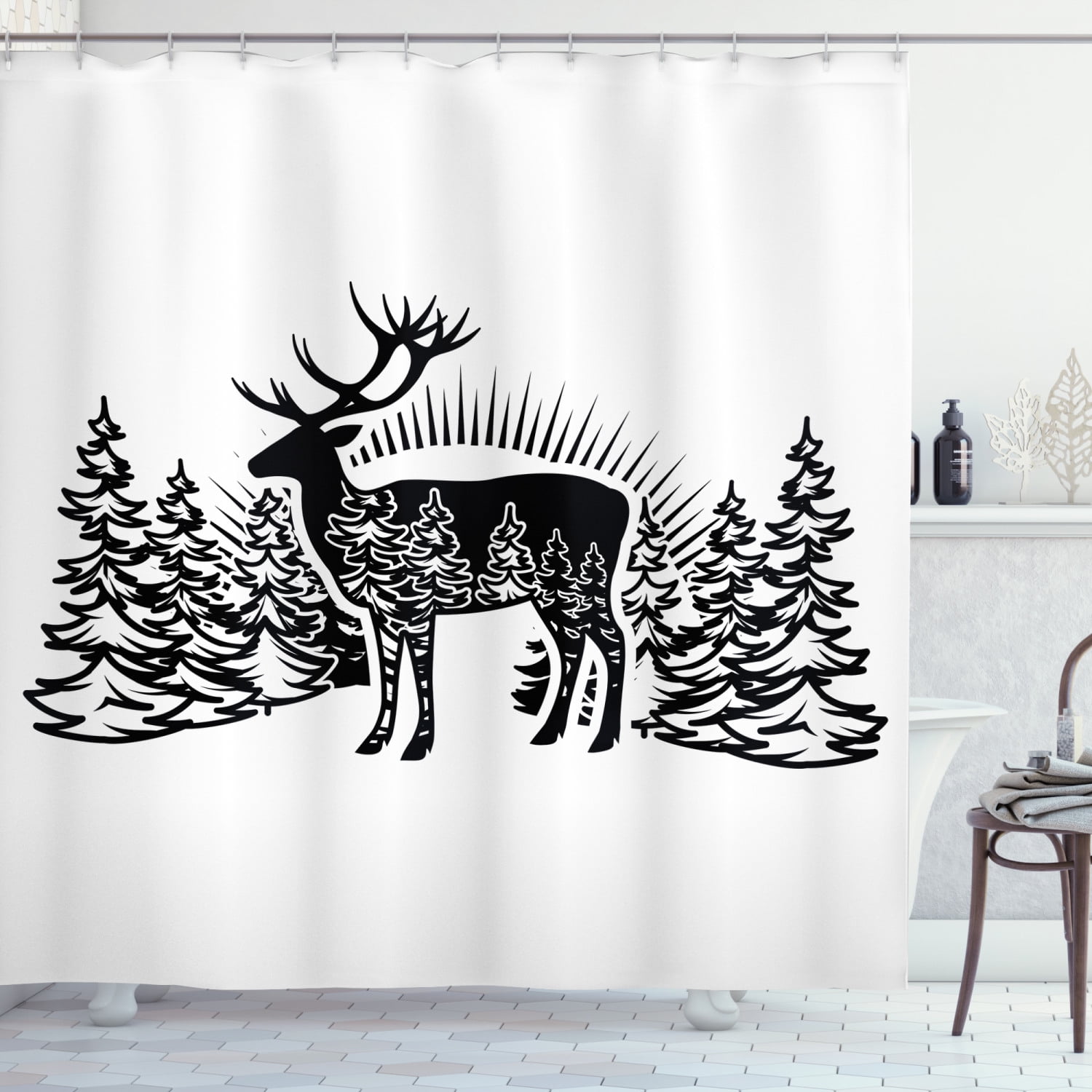 Deer Hunting Shower Curtain, Reindeer Horns Spruce Forest Ornamentals