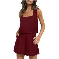 Admvng Two Piece Sets For Women Round Neck Solid Sleeveless Blouse and Shorts Elastic Waist Beach Outfits S-2XL