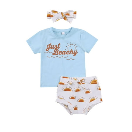 

Infant Baby Girl Summer Shorts Outfits Short Sleeve Letter Shirt Top Floral Shorts Headband 3Pcs Clothes