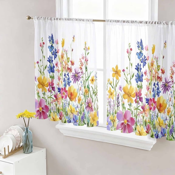 Spring Floral Semi Sheer Curtains 54 Inch Length 2 Panels Set, Summer Watercolor Botanical Colorful Sheer Kitchen Curtain Privacy Voile Window Curtain for Living Room Bedroom Rod Pocket Drapes