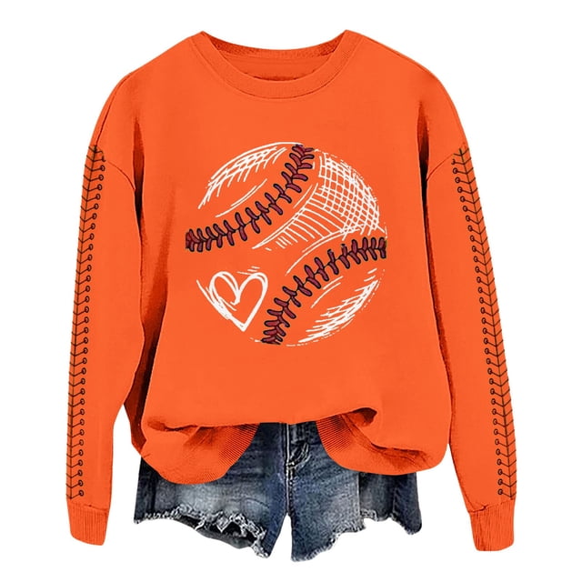 Pavied Chandails à Col Rond pour Femmes, Chandails Graphiques, Chandail de Baseball pour Femmes, Sweat à Capuche Imprimé Baseball Printemps pour Femmes, Haut Décontracté Ample, Hauts d'Entraînement Orange L