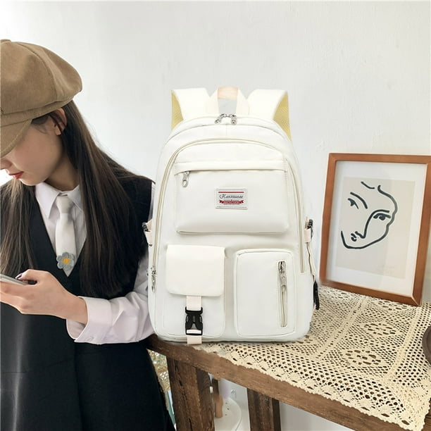 Mochila de nailon coreano para niños y niñas, mochilas escolares para estudiantes, Mochila (Beige)