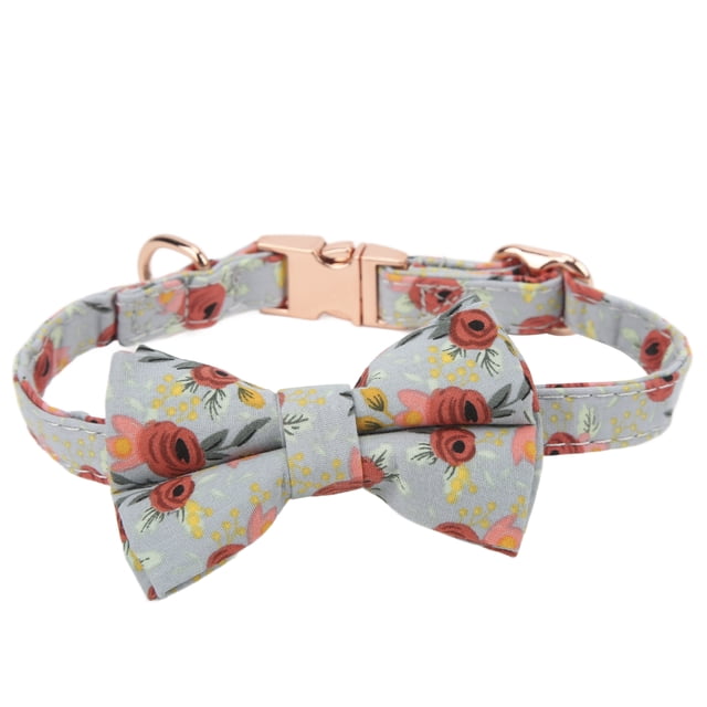 Collar de pajarita para perro, de algodón, ajustable, con estampado de flores, para gato, con hebilla en D para perros y gatos, flor verde L