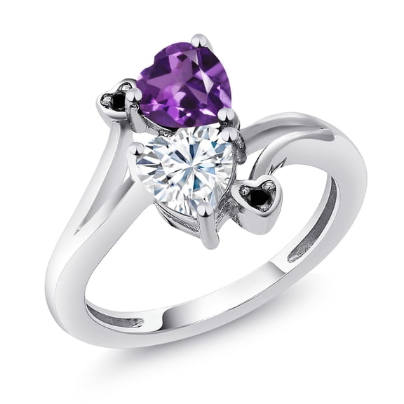 Gem Stone King 925 Sterling Silver Purple Amethyst White Moissanite and Black Diamond Ring for Women (1.63 Cttw, Heart Shape 6MM, Gemstone February Birthstone, Size 5)
