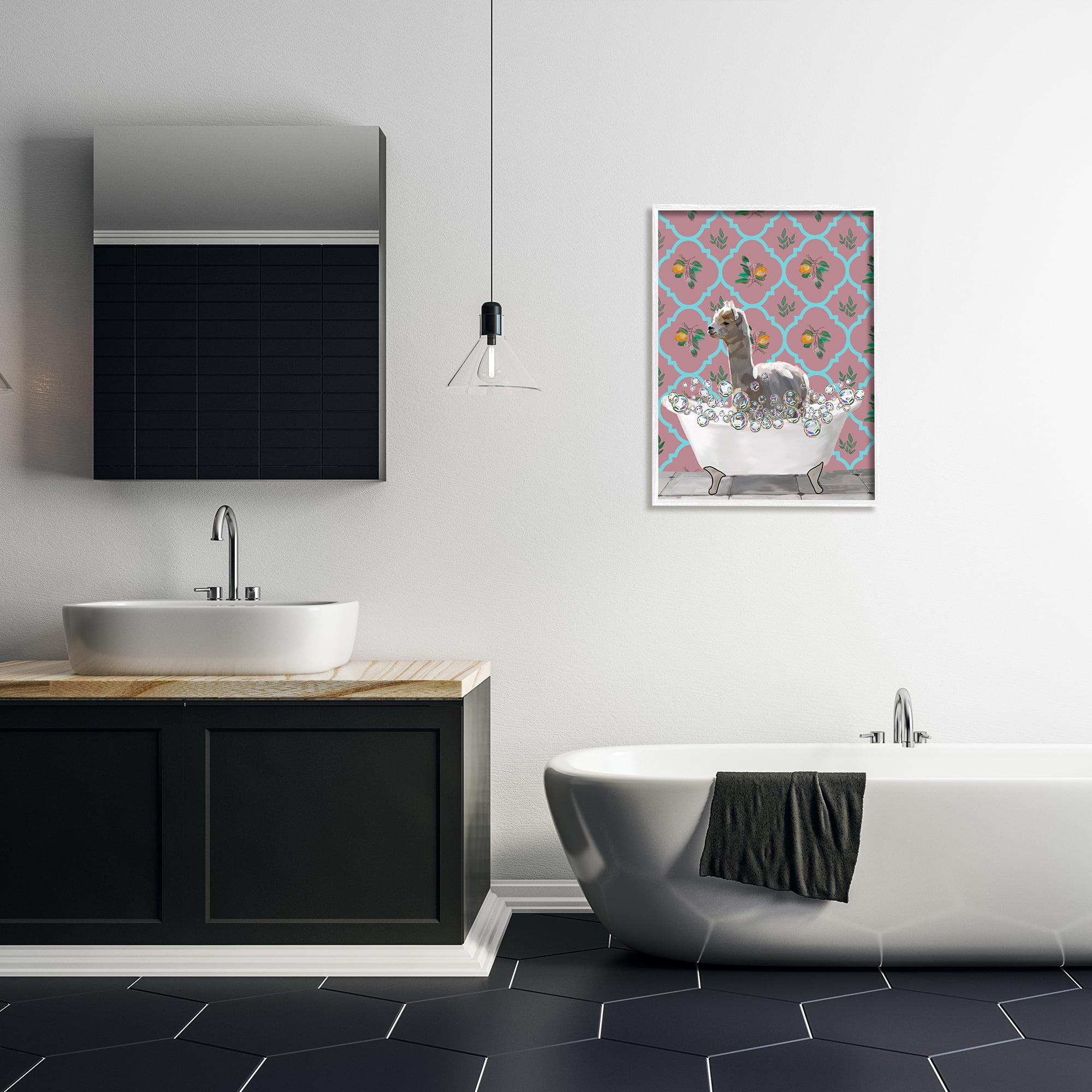 Stupell Industries Bathing Llama in Bathroom Animals & Insects Painting White Framed Art Print Wall Art, 24 x 30