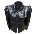 thumbnail image 4 of LoyisViDion Coat Women'S Street Short Lapel Frayed Breasted Denim Puff Sleeve Slim Leather Jacket Black 4(S), 4 of 6