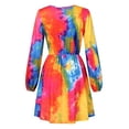 thumbnail image 3 of Women Deep V Neck Empire Waist Skater Dress Long Sleeve Tie Dye Printed Casual Swing Dresses, 3 of 9
