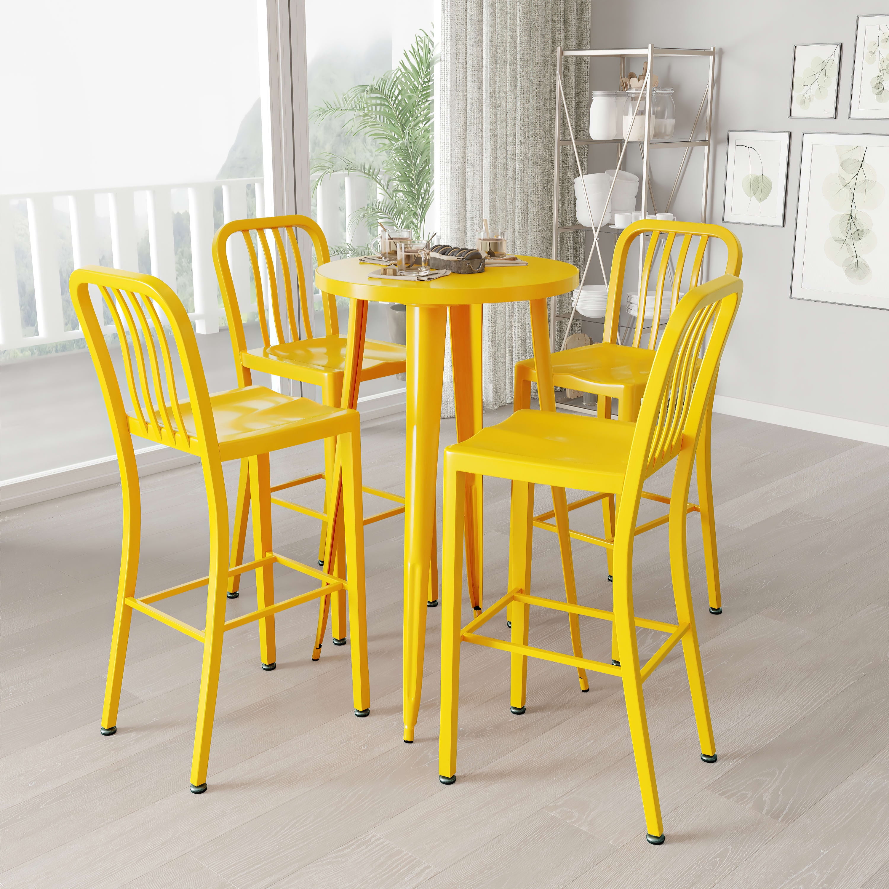 Merrick Lane 5 Piece Outdoor Dining Set in Yellow with 24" Round Table