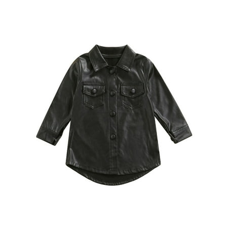 

Canrulo Kids Baby Girls PU Leather Dress Tops Long Sleeve Single Breasted Straight Knee Length Dress Coat Black 2-3 Years