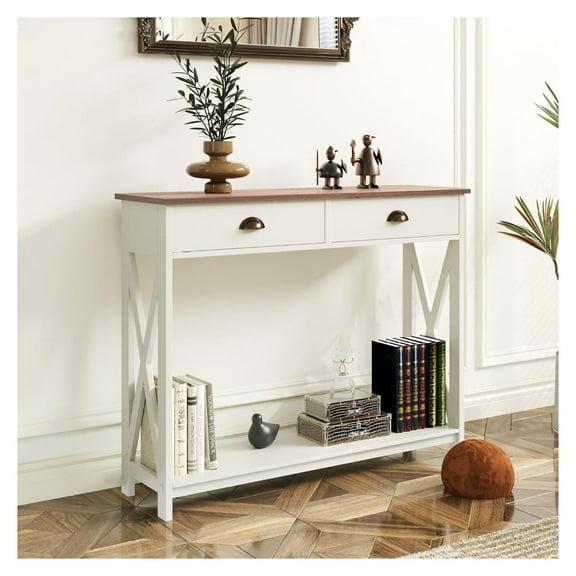Farmhouse Console Table with Drawers and Storage Shelf, Narrow Console Table Farmhouse Sofa Table for Entryway,