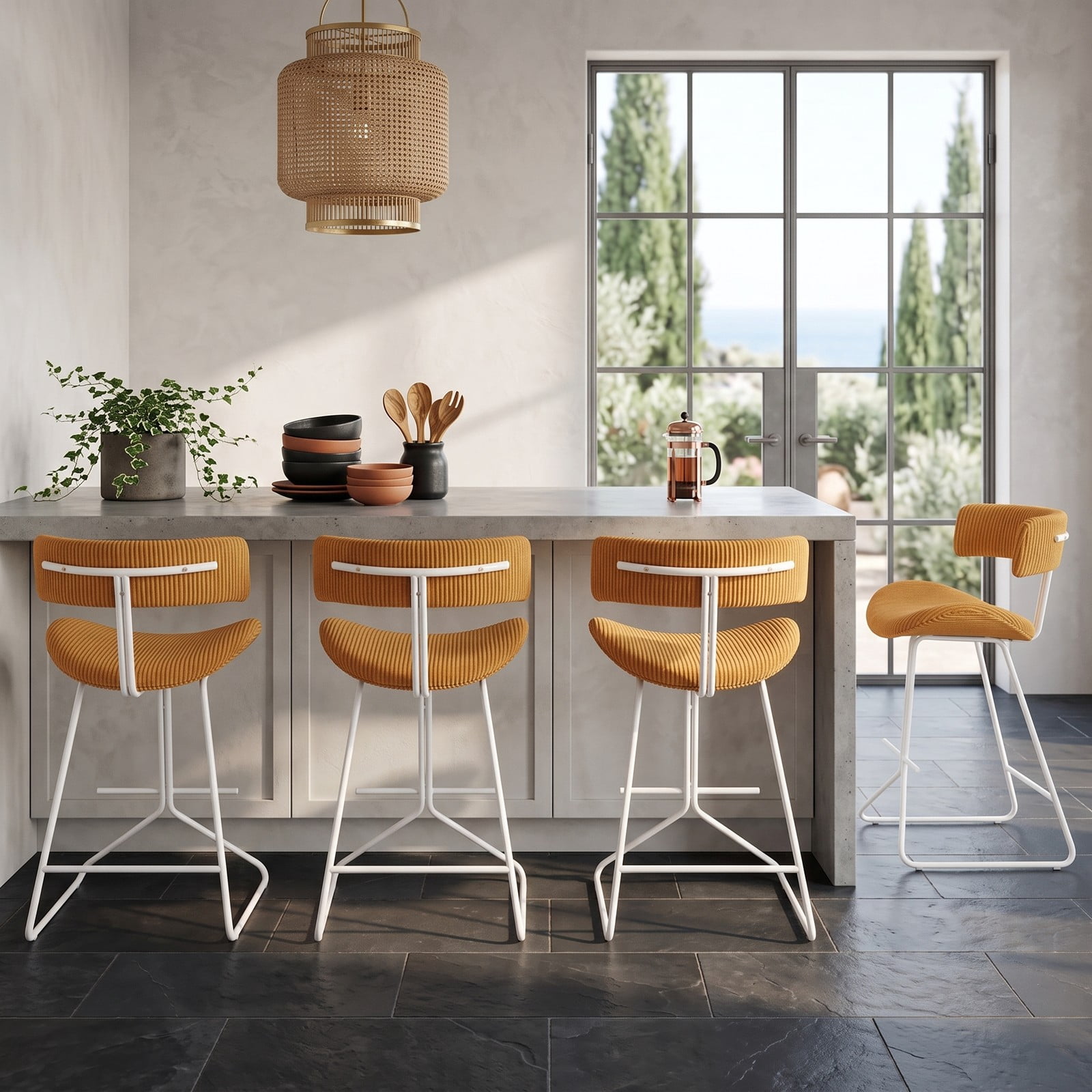 Furnibear Set of 2 Counter Height Bar Stools 25 Inch Armless Barstools with Padded Corduroy Seat and Footrest for Kitchen Island Dining, Orange