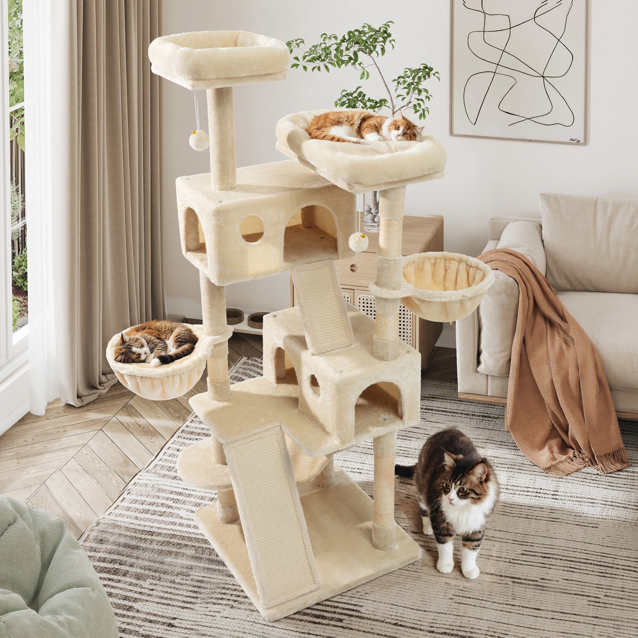 Sifurni 65.7" Large Cat Tree Tower Condo House for Cats with 2 Scratching Ramps, Hammock & Scratching Post, Beige