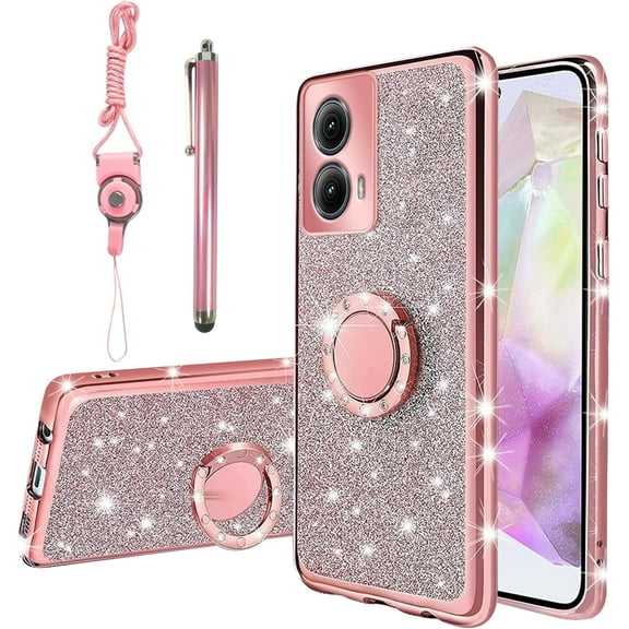 for Motorola Moto Edge 5G 2024 Phone Case with Ring Stand Lanyard Strap, Cute Glitter Girly Women Protection Shockproof 2-Layer Protective Cover - Rose Gold