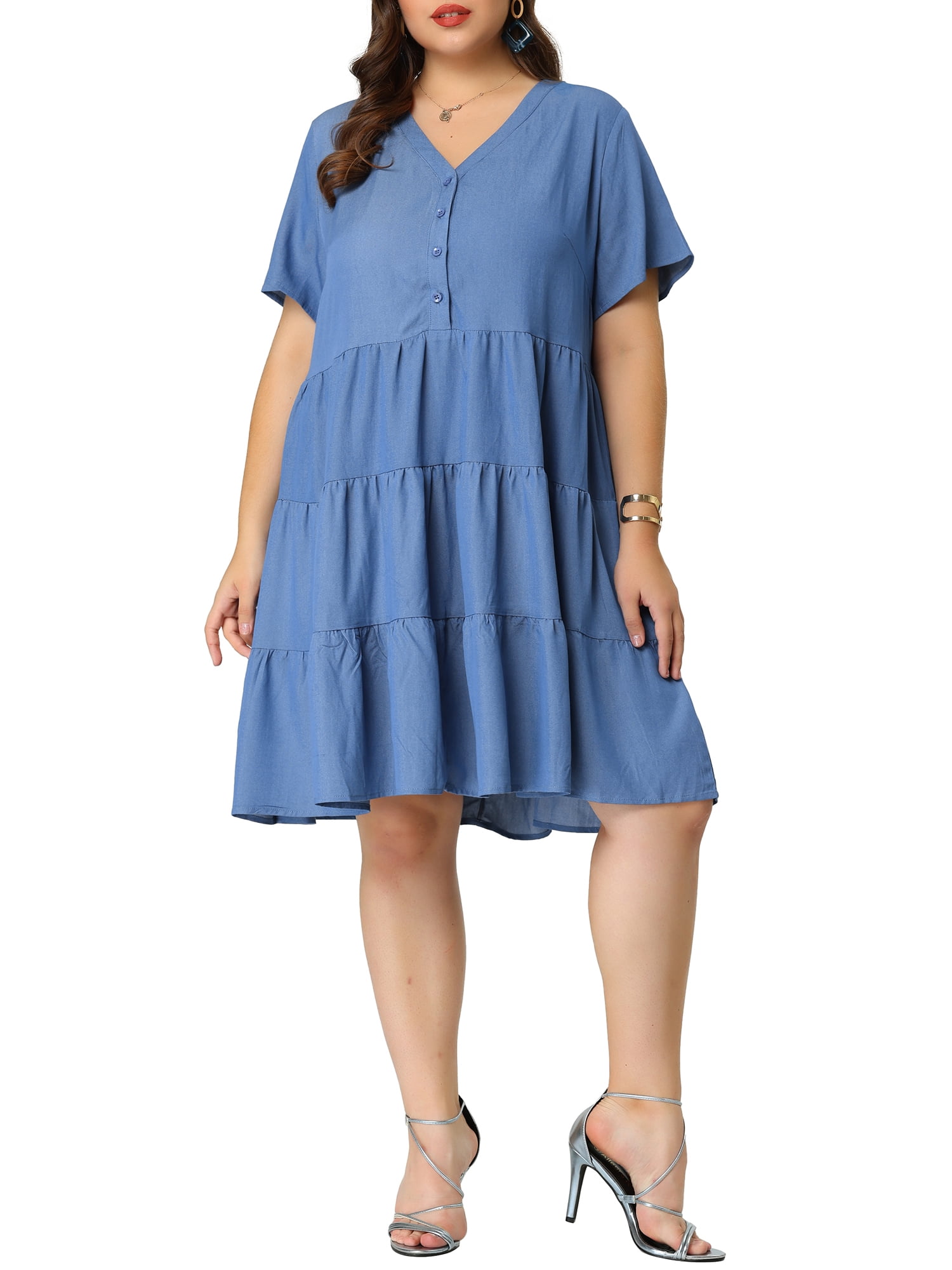 DARING DIVA Plus Size Button Down V Neck Tiered Chambray Dress 4X Blue