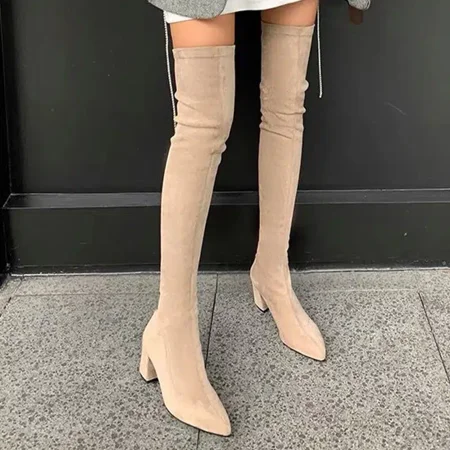 

Suede Chunky Heeled Over The Knee Boots Women‘s Solid Color Zip Back Long Boots