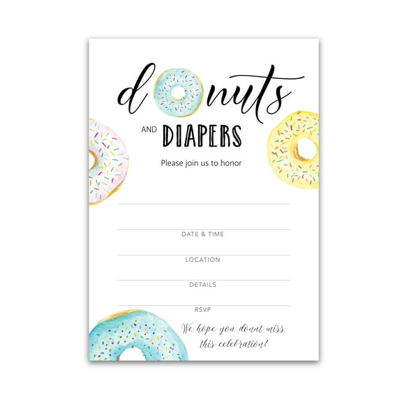 Donut and Diapers Sprinkle Invitation — Pack of 25 — Boy Baby Shower Invitations, Blue Donut Shower Theme, Donut Baby Shower Invites for Couples Coed Shower, Donuts Blank fill-in Invites I850-INV3