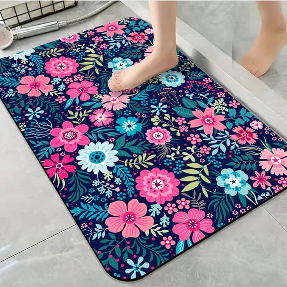 1pc Colorful Floral on Navy Bathroom Rug Bathroom Decor and Accessories- Durable,Anti Slip,And Quick Drying,Suitable For Indoor/outdoor Use - Perfect For Bathrooms,Bedrooms,Kitchens