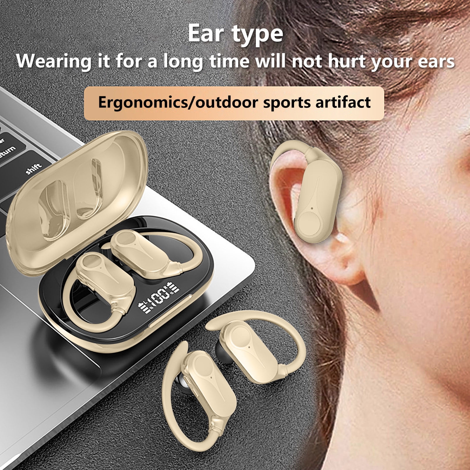 Open Ear Wireless Headphones Bluetooth Sport Headset Ear Clip-On Earbuds with Microphone for Noise Call, IPX6 Water-Resistant, Air Conduction Wireless Headset for Running, Cycling, Driving(Beige)