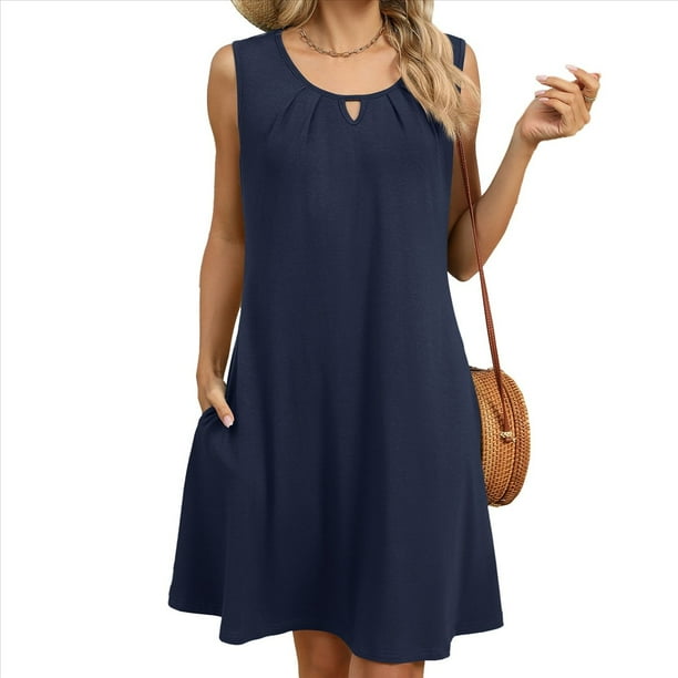 Vestido de Verano para Mujer, Color Liso, Cuello Redondo, Plisado, Sin Mangas, con Bolsillos, Tíbet Talla L