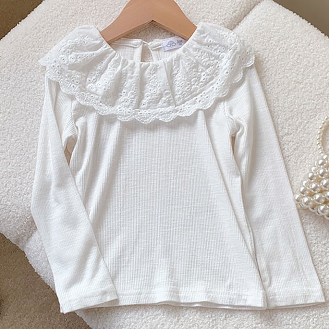 Spring Children's Blouse Girls' Doll Collar Ruffle Hem Base Shirt Long Sleeved T-shirt Fashionable Inner Layer Kid's Clothing