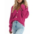 thumbnail image 2 of Women'S Chunky Knit Open Front Sweater Long Sleeve Button Loose Short Cardigan Outerwear Coats Rose Red XL, 2 of 6