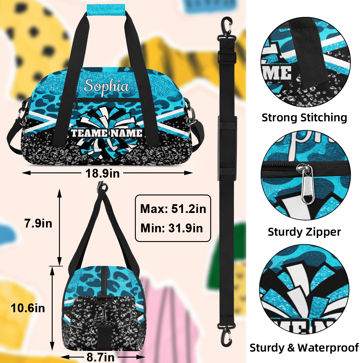 Jiaoprinted Personalized Cheer Bag, Custom Cheerleader Gym Bag Sport Duffel Bag, Customize Travel Overnight Weekender Bags, Cheerleading Gifts, Blue Leopard