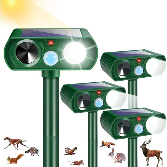 4-Pack Solar Ultrasonic Animal Repellent with Motion Sensor & Flashing Light, Outdoor Pest Deterrent for Deer, Cats, Rabbits, Squirrels, Raccoons - Protect Yard, Garden, Lawn