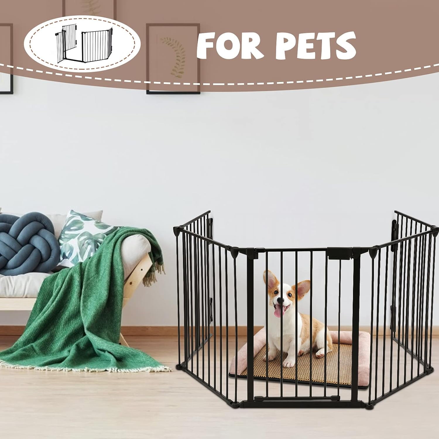 Blotout 118'' Wide Fireplace Safety Fence, Metal Baby Gate with Door, Safety Fence for Baby/Pets/Dogs, 5-Panel