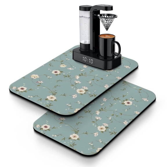 Artistic Bloom Coffee Bar Mat, Butterfly Botanical Floral Dish Drying Pad, Rustic Counter Mat for Kitchen Decor, 19.5x12in (Set of 2)
