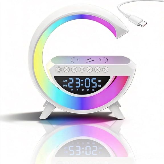 G-Shaped Wireless Charging Speaker, G Shaped Bluetooth Speaker, Multifunctional Bluetooth Speakers,15W Fast Charging Alarm Clock with 13 Lighting Modes, for Bedroom, Office (L)