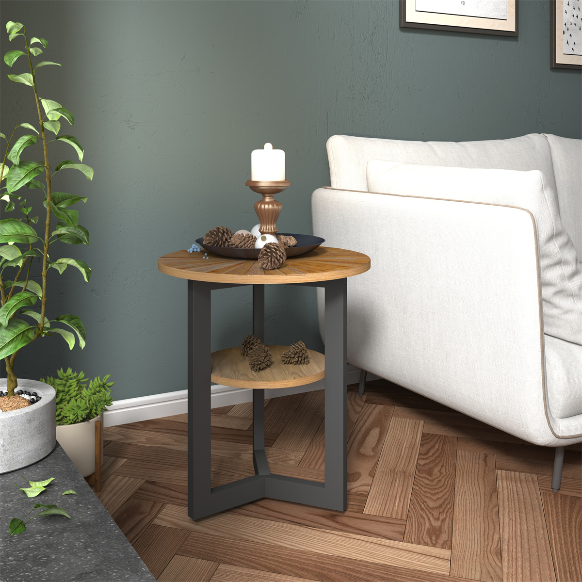 Solid Wood Round End Table, Living Room Side Table with Storage Shelf ...