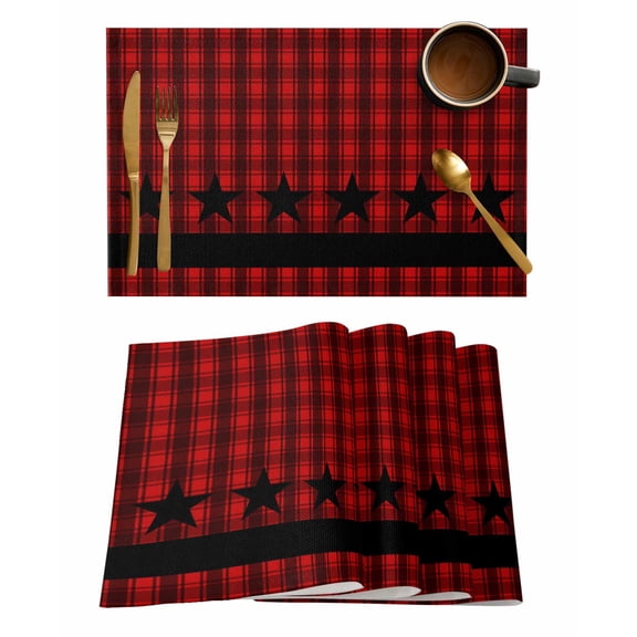 Placemats Set of 6, Red Black Plaid Woven Placemat, Linen Place Mats for Kitchen/Dining Tables, Country Vintage Star Abstract Gingham Washable Table Mats for Party