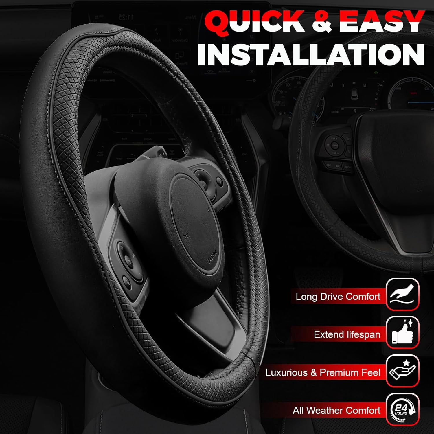 Car Steering Wheel Cover, Microfiber Leather Steering Wheel Covers with Anti-Slip Lining, Universal 14.5-15 inchs Black/Red