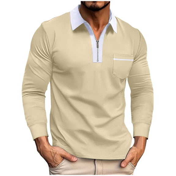 Zysthvn Long Sleeve Men Shirts Casual Polo Golf Fall Men T Shirt Collared Zipper with Pockets Lightweight Solid Tops