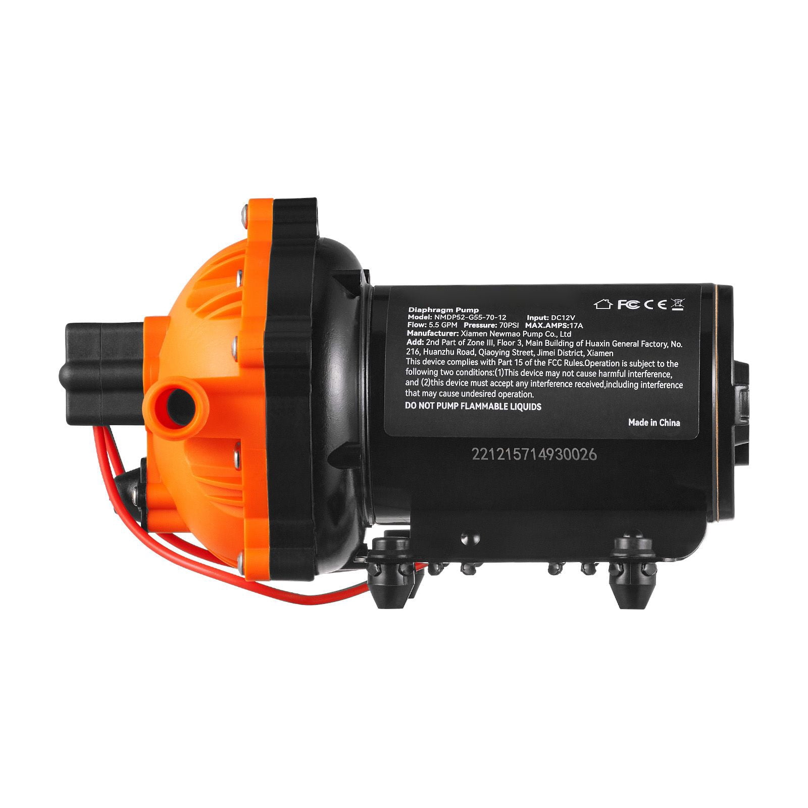12V Water Diaphragm Pump 5.5 GPM, 40-100 PSI Adjustable, Self-Priming 6ft, FCC Certified, for RV Camper Marine Boat Lawn