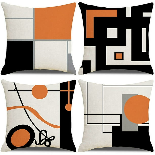 Funda de Cojín, Juego de 4 Fundas de Almohada Decorativas con Estampado Geométrico Negro y Naranja Moderno de Algodón y Lino, 45 x 45 cm, para Sofá, Dormitorio, Hogar, Decoración del Hogar